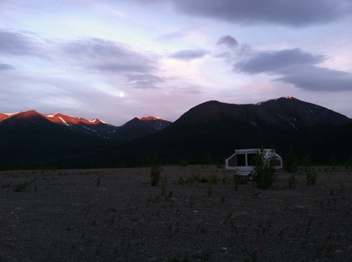 Family camping at 68 mile outside of Valdez.  Check out that midnight sunset over the mountains!